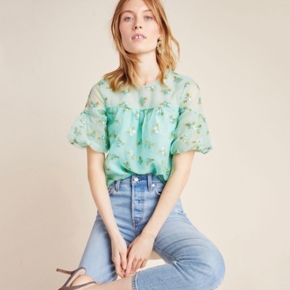 Anthropologie Sabine Beaded Mint Blouse Top